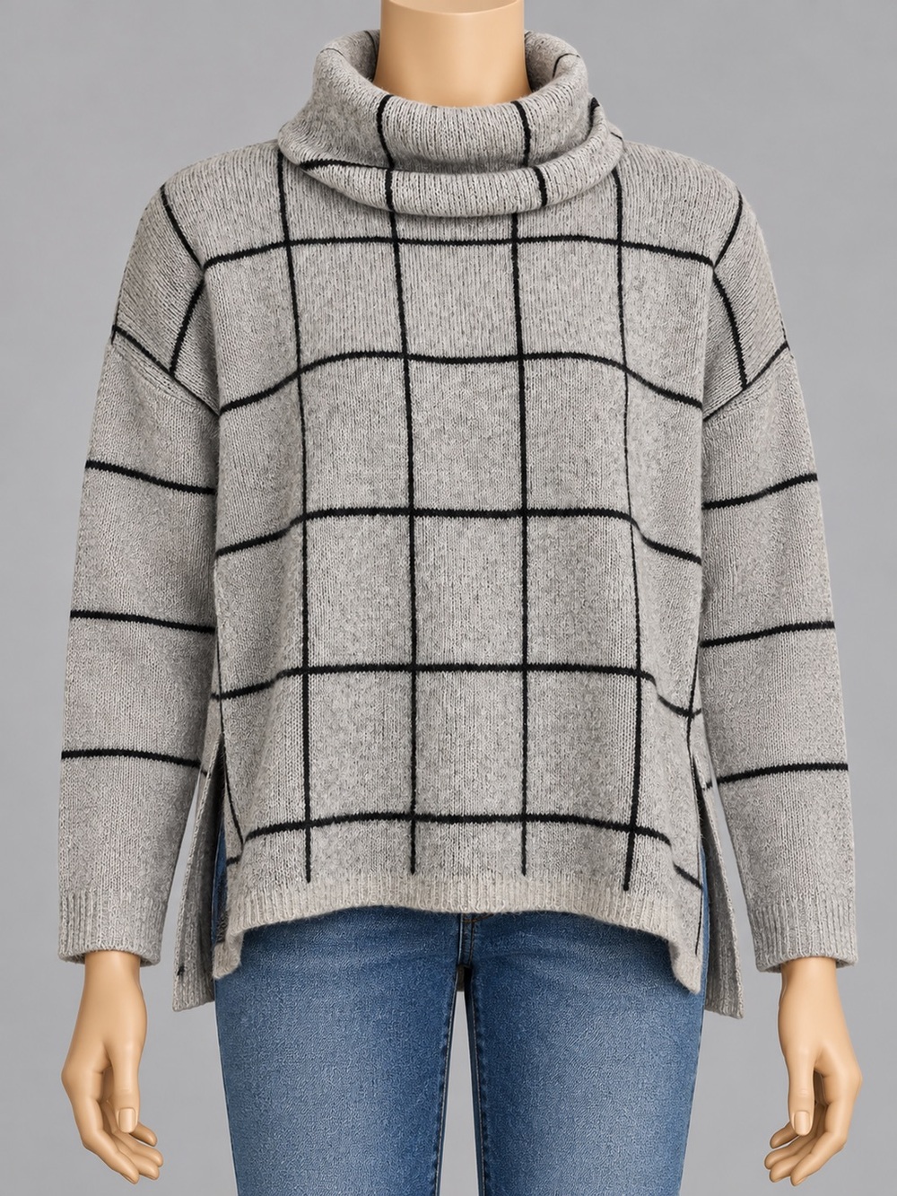 Madewell Windowpane Turtleneck Sweater Size S Gray Black Side Slits